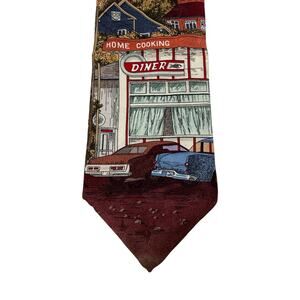 VTG Americana Series Country Diner Circa 1973 Silk Necktie Pictorial Scene USA